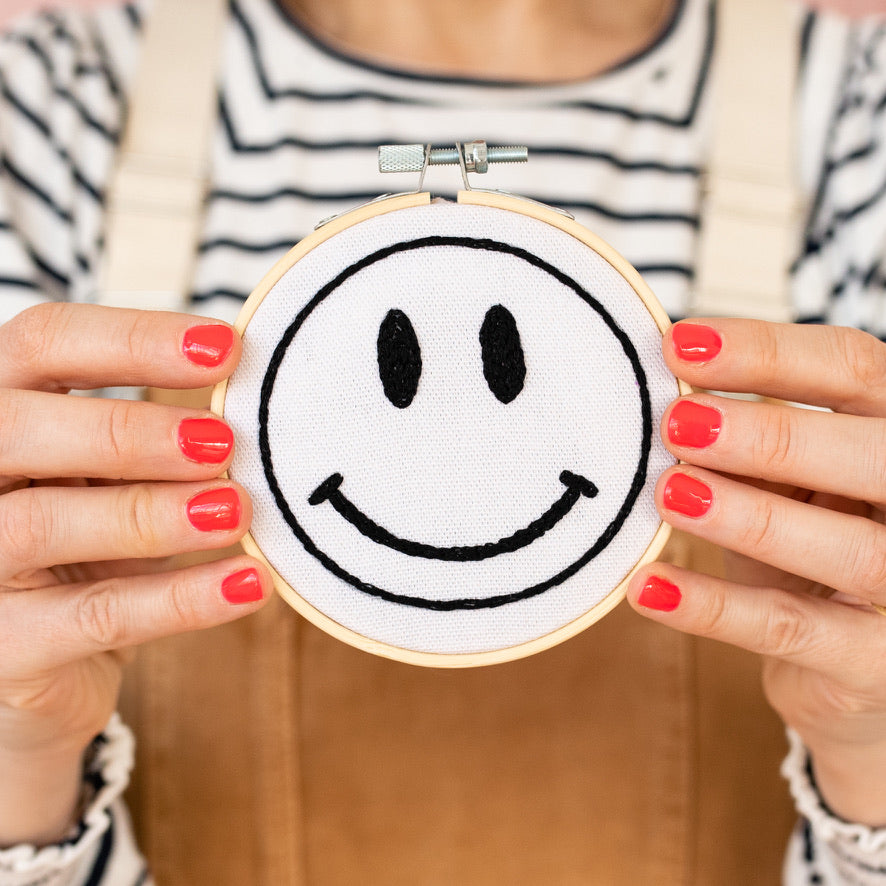 Happy Face Hoop Embroidery Kit - White