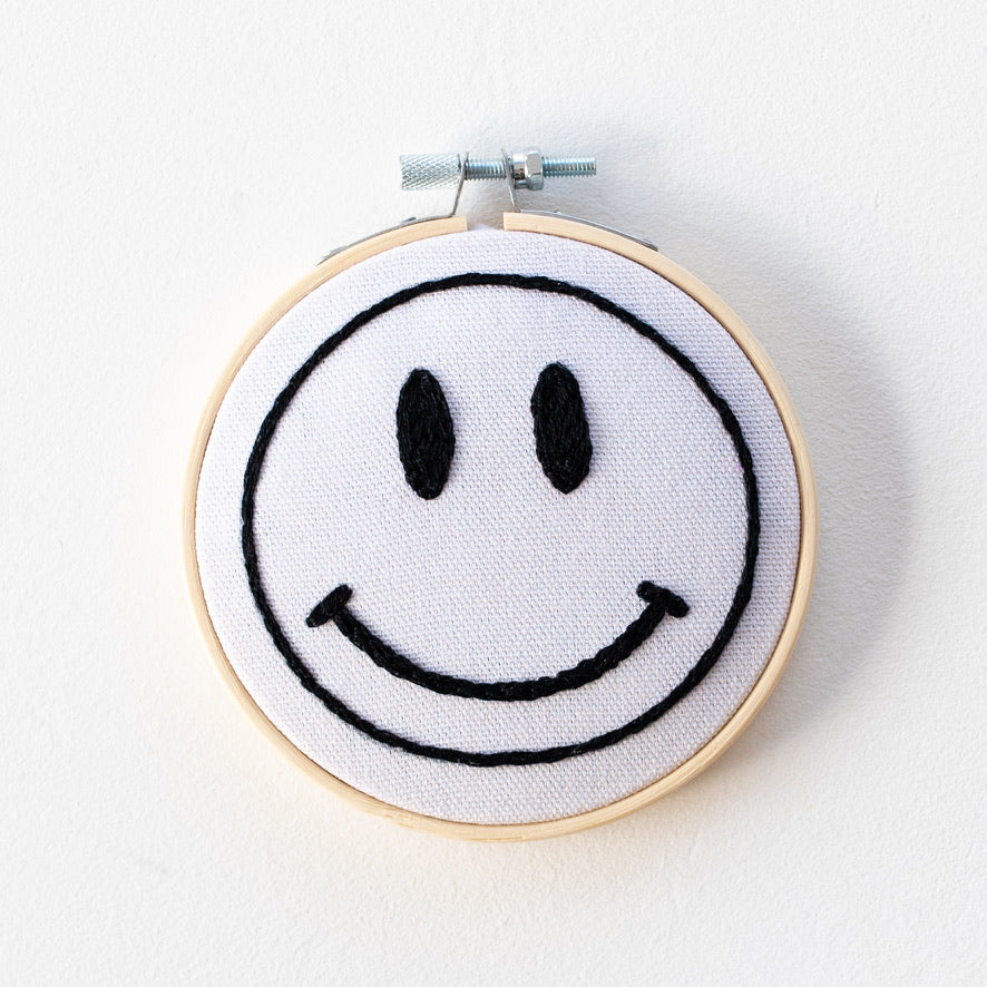 Happy Face Hoop Embroidery Kit - White